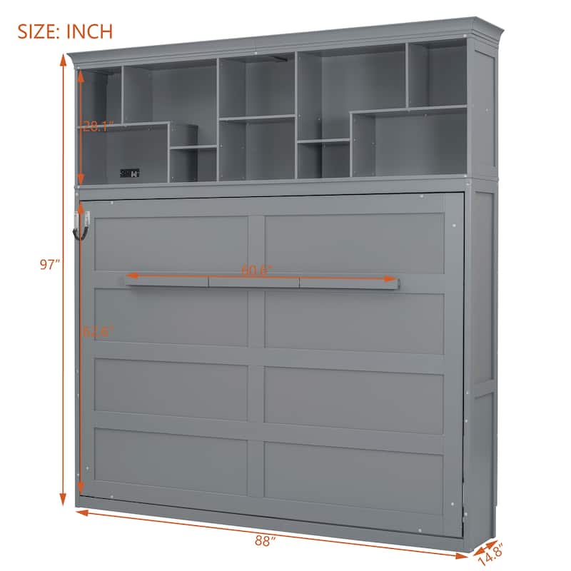 Queen Size Murphy Wall Bed with Storage Shelves and USB Ports, Space Saving Foldable Cabinet Bed
