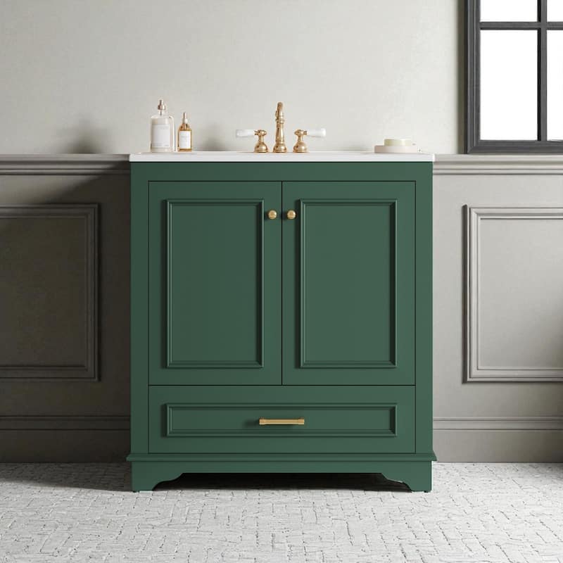 30" Bathroom Vanity with Ceramic Sink, Solid Wood Frame, 2 Soft-Close Doors, Storage Cabinet with Shelf - Green