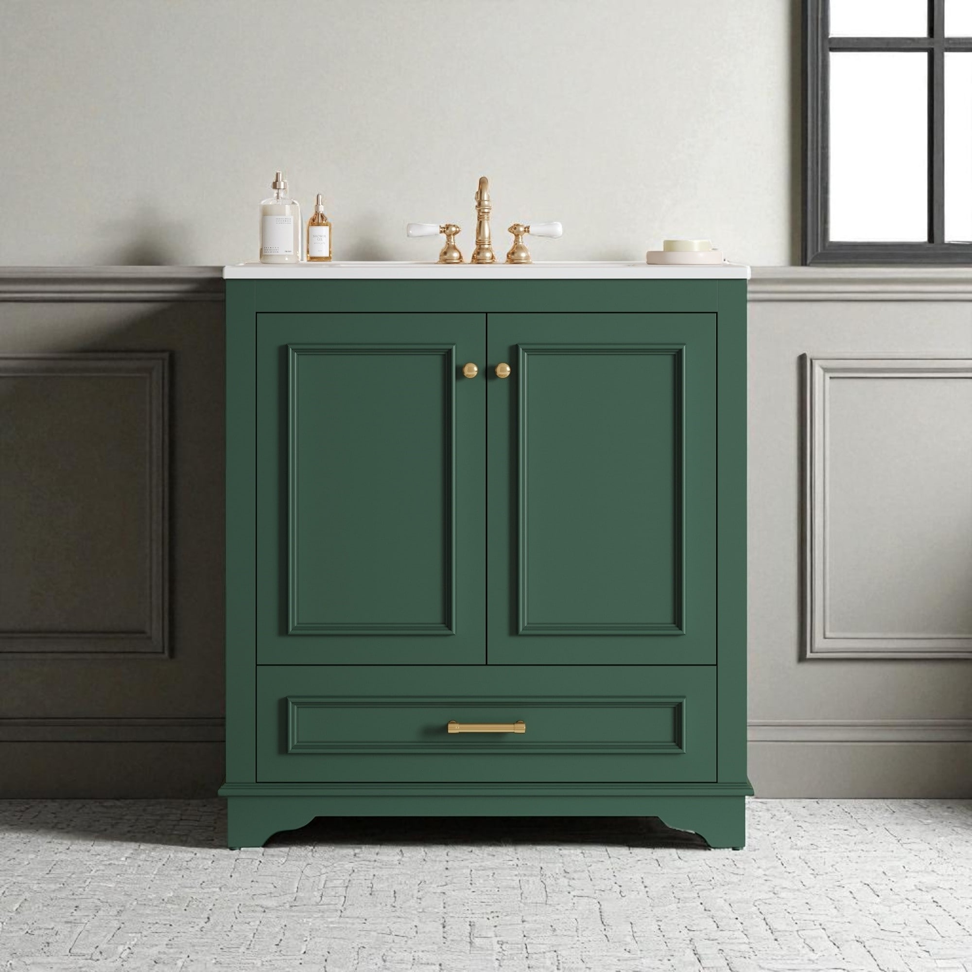 30" Bathroom Vanity with Ceramic Sink, Solid Wood Frame, 2 Soft-Close Doors, Storage Cabinet with Shelf
