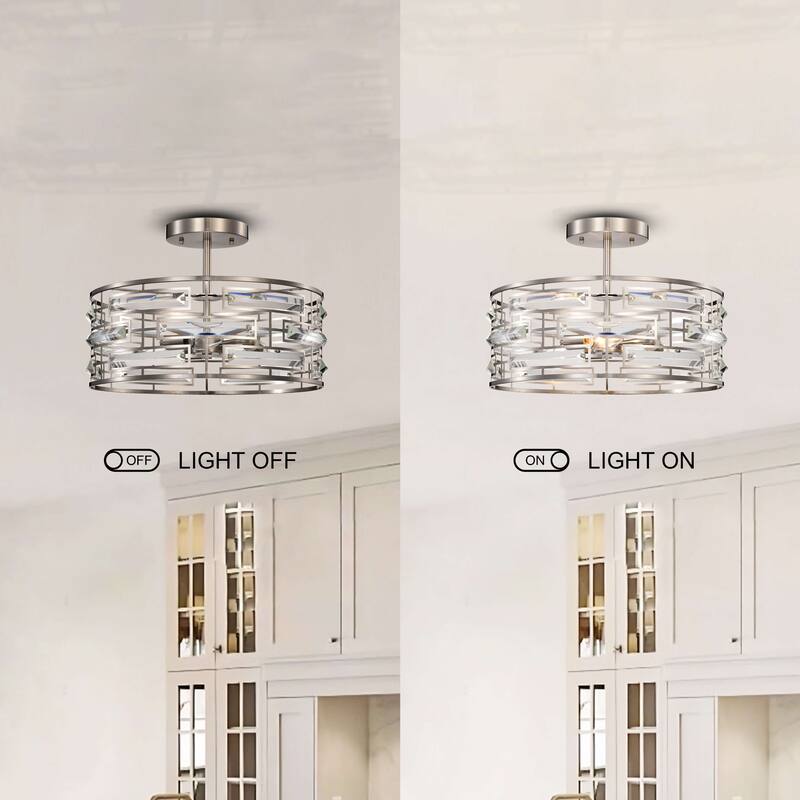 Anita Satin Nickel 3-Light Drum Shade Clear Glass Prism Flush Mount - 17.2 inches in diameter x 11.3 inches H