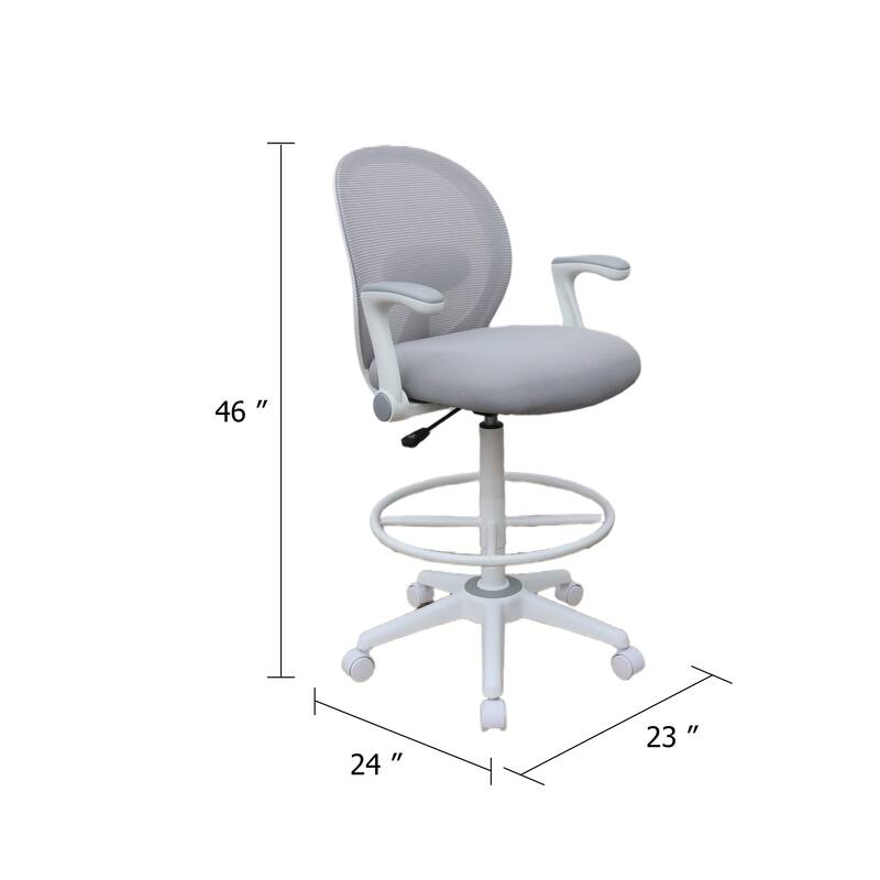Swivel Office Stool, Flip-Up Arms and White Footring, Gray Mesh Back
