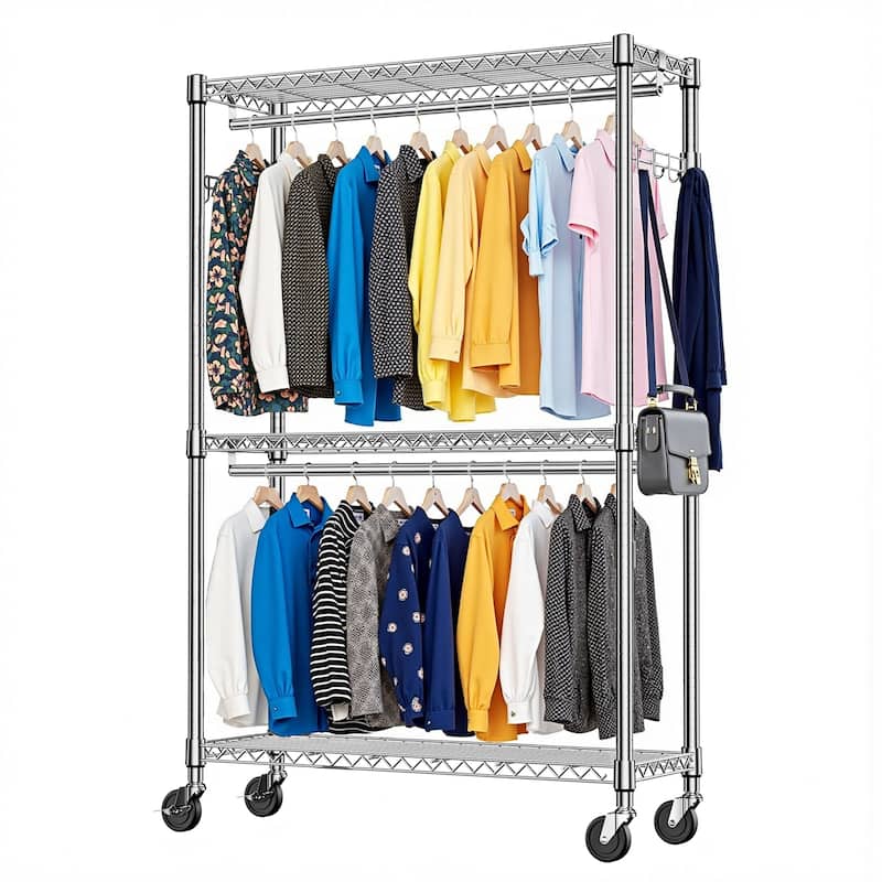 Heavy Duty Rolling Garment Rack 3 Tiers Adjustable Wire Shelving Clothes Rack with 2 Rods and Side Hooks