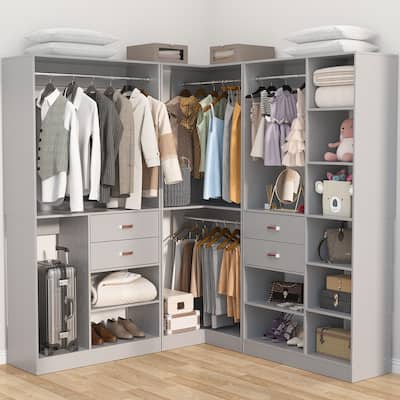 51''-110'' Freestanding Closet Organizer with Hanging Rods, Set of 3 Corner Closet System with Drawers