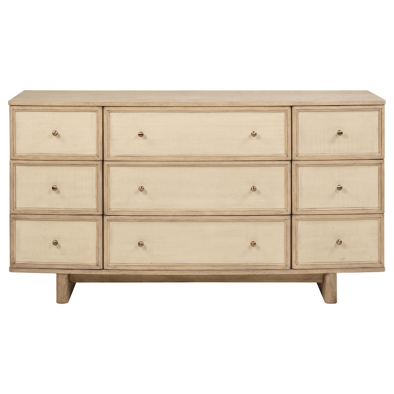 Lno Wide Dresser, 9 Cane Accent Drawers w Brass Knobs, Oak Beige