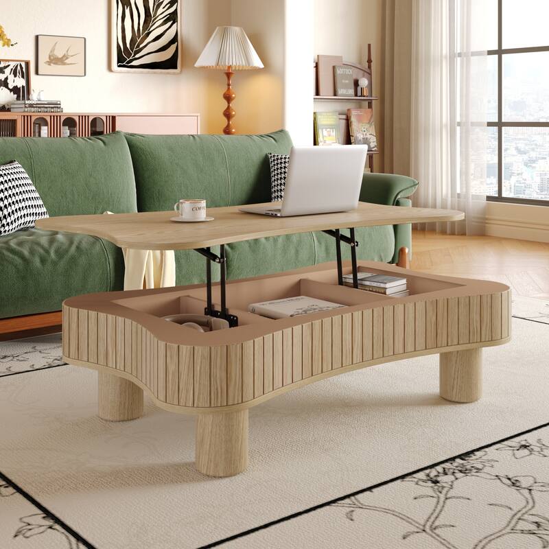 42" Modern Lift-Top Coffee Table – Fluted Design with Hidden Storage & Silent Hydraulic Mechanism‌ - Natural Wood