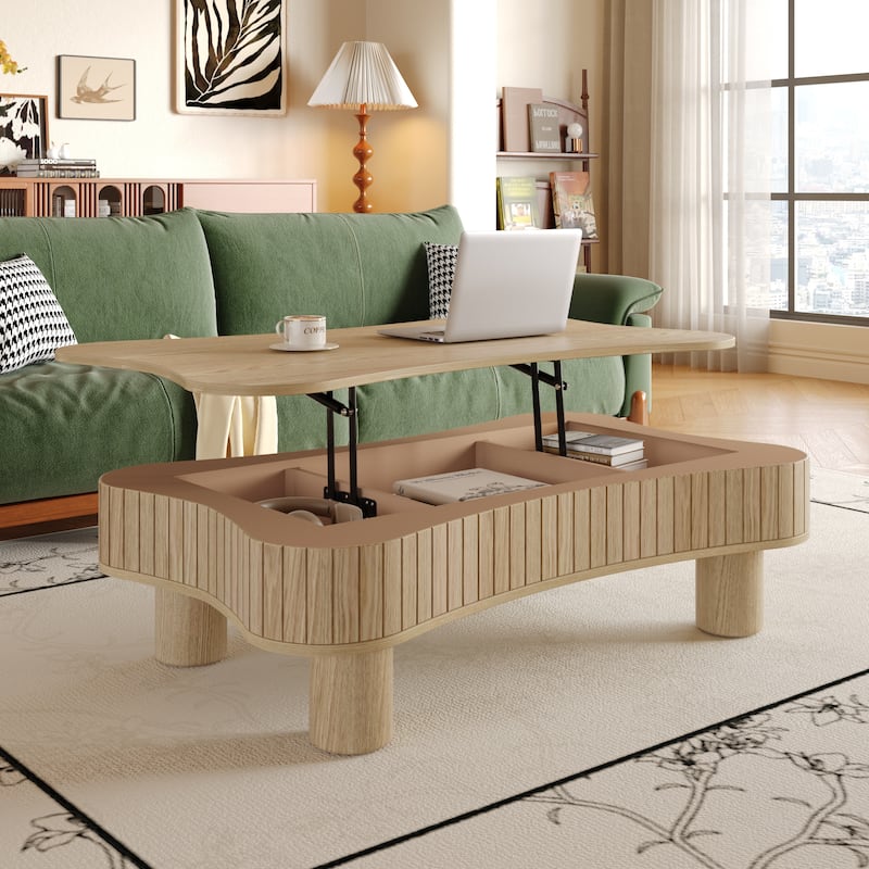 Lift Top Coffee Table for Living Room 42" Fluted Panel Hidden Storage, Silent Hydraulic Lift, Curved Safety Corners,Natural Wood