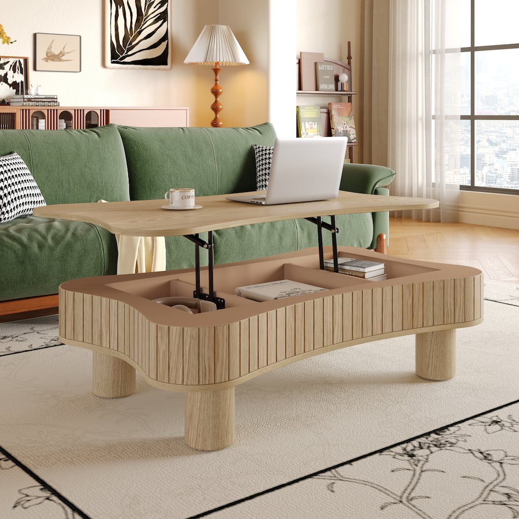 Lift Top Coffee Table with Hidden Storage, Hydraulic Rising Center Table, Fluted Panel Sofa Table with Rounded Corners