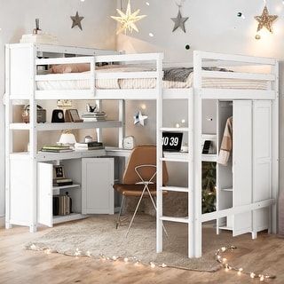 Wood Loft Bed with Cabinet and Bookshelf, Full Size Loft with Wardrobe and Desk for Kids