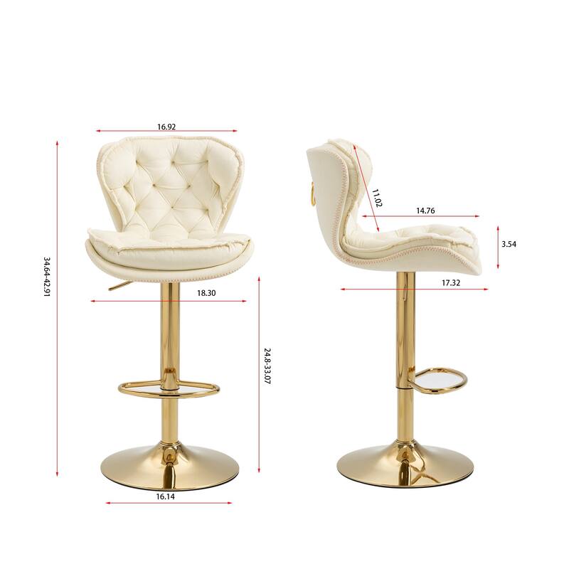 Set of 2 Adjustable Swivel Bar Stools, Cream Velvet with Chrome Footrest & Gold Legs