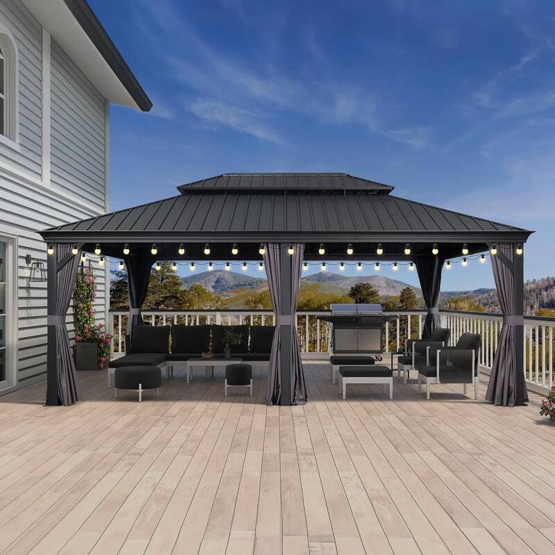 PURPLE LEAF Outdoor Galvanized Steel Hardtop Gazebo, Aluminum Frame Gazebo With Curtains and Light