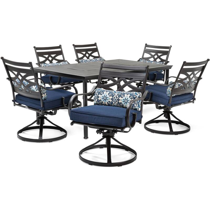 Hanover Montclair 7-Piece Dining Set in Navy Blue with 6 Swivel Rockers - N/A - Blue