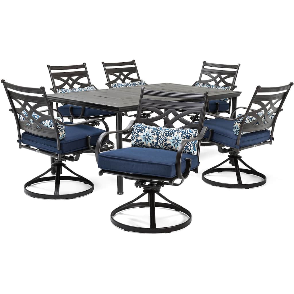 Hanover Montclair 7-Piece Dining Set in Navy Blue with 6 Swivel Rockers - N/A