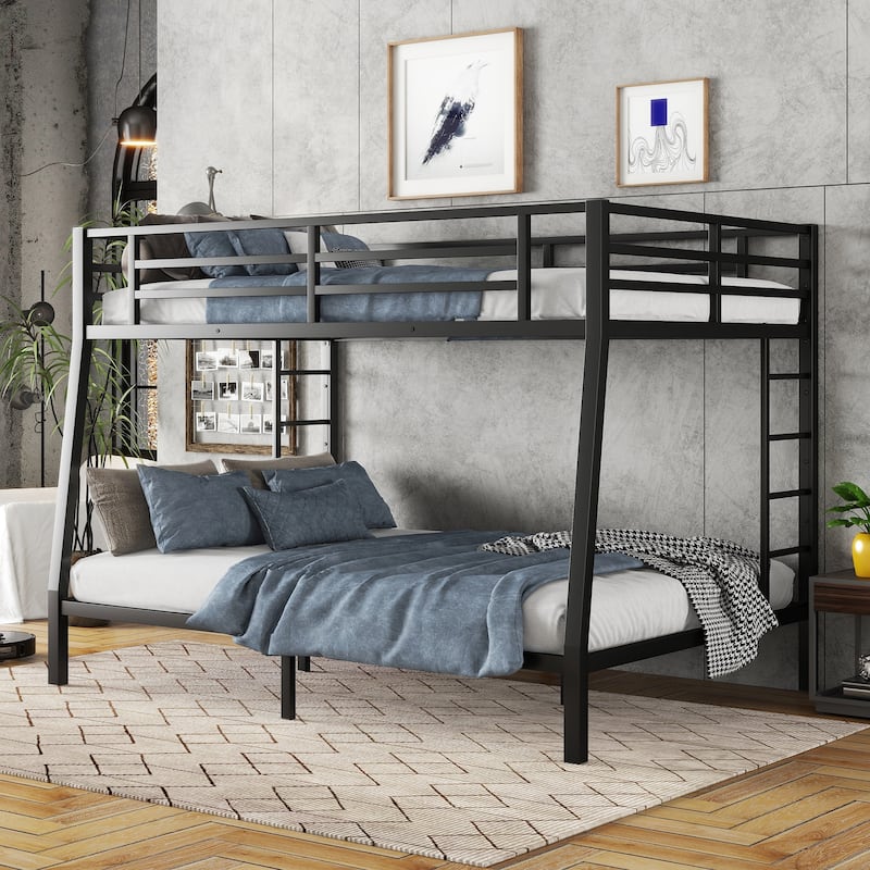 Heavy Duty Metal Bunk Bed Frame with Double Ladder and Safety Guardrail, Full XL over Queen Bunk Bed with Under Bed Storage