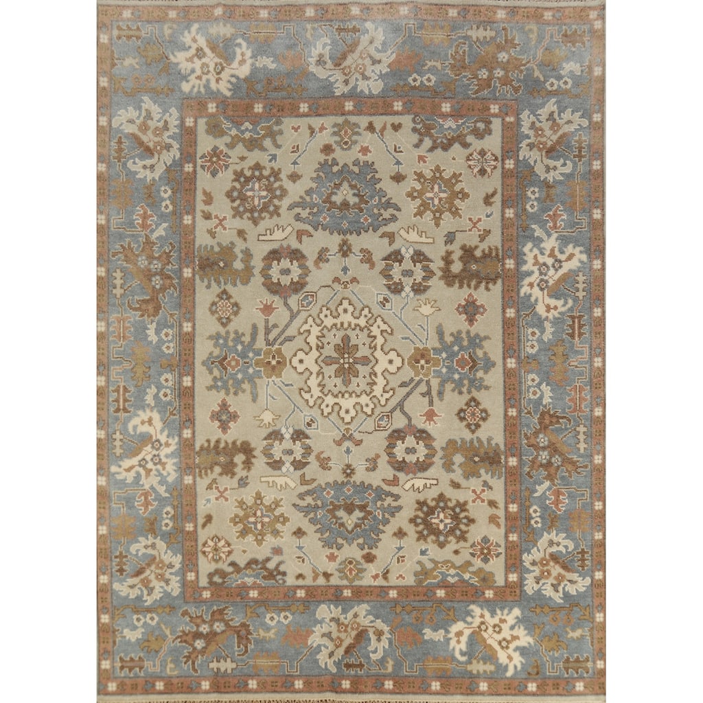Geometric Oushak Indian Area Rug Hand-Knotted Wool Carpet - 8'0" x 9'9"