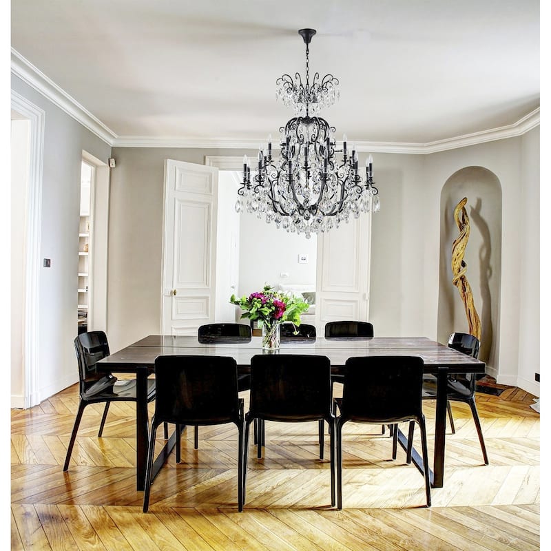 24-Light Matte Black Chandelier With Clear Hanging Crystals