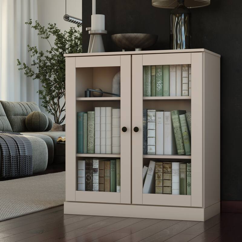 Palace Imports 100% Solid Wood 3-Shelf Bookcase, Clear Glass Doors, Adjustable Shelves, 32" Wide, 35.75" Tall - Beige