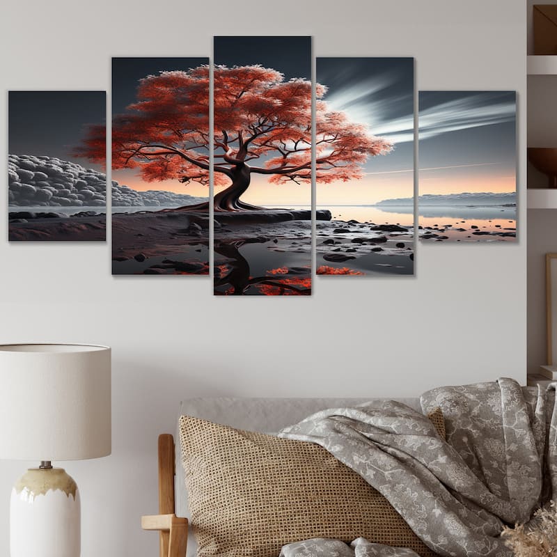 Designart "Tree Monochrome Essence Of Light" Floral Multipanel Canvas Wall Art set - 60 In. Wide X 32 In. High - 5 Panels Diamond Shape
