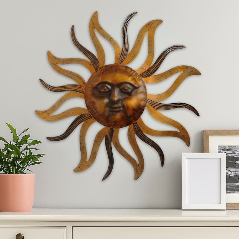35 Inch Round Wall Mounted Sun Face Accent Decor, Carved Rustic Gold and Black Metal