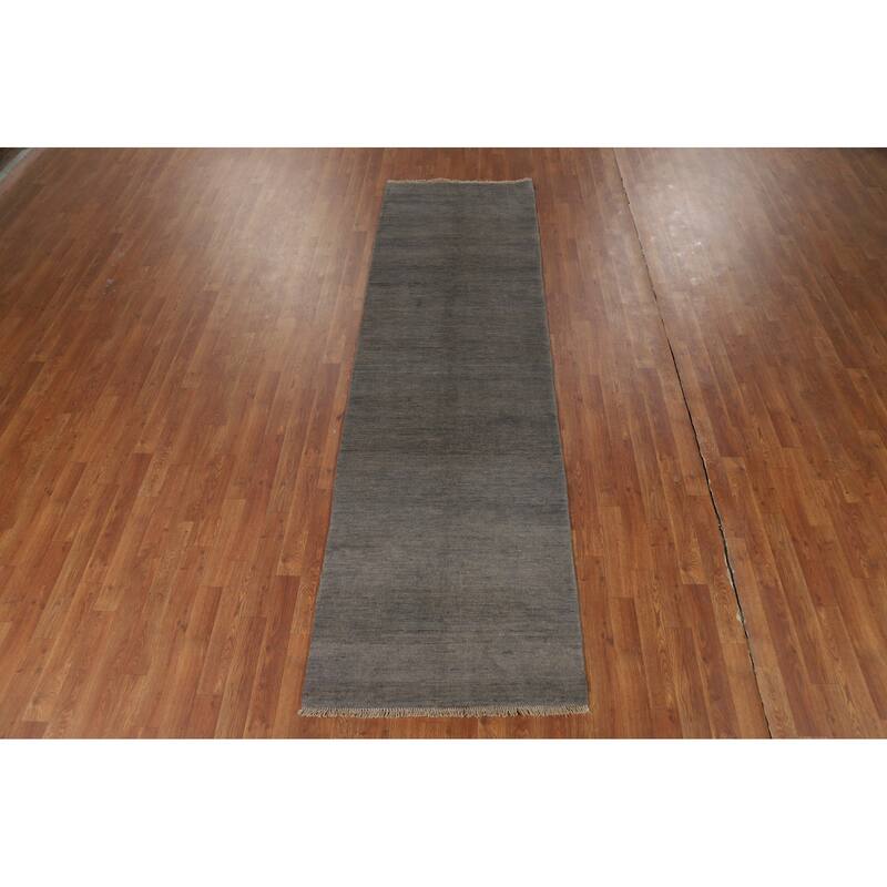 Gabbeh Modern Runner Rug Hand-Knotted Grey Wool Carpet - 2'9"x 9'7"