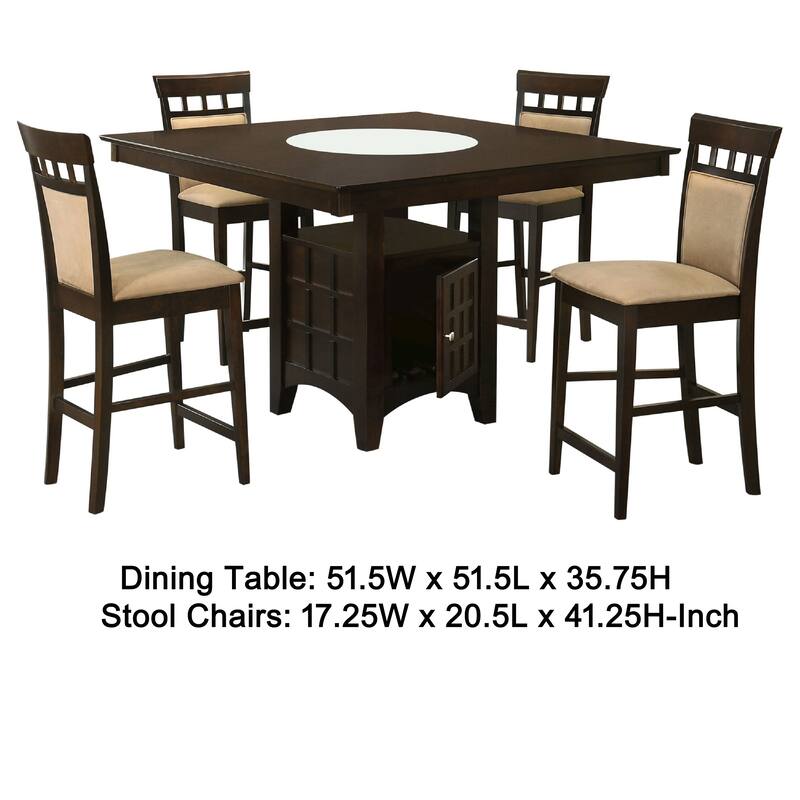 Uric Counter Height Dining Table w Wine Storage, 4 Lattice Chairs, Brown, Tan Seats
