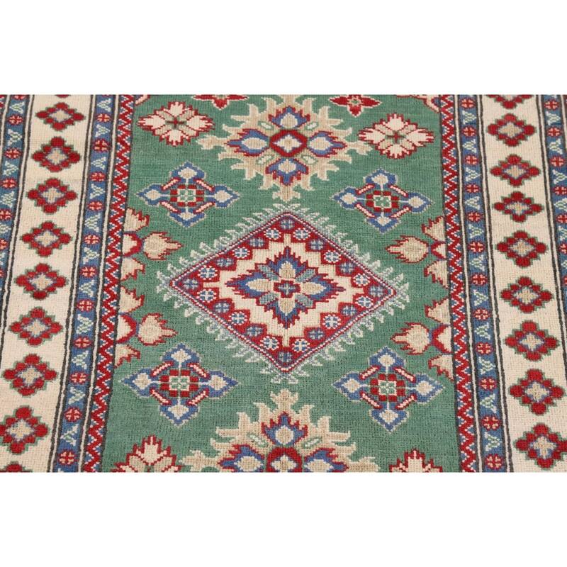 Green Geometric Kazak Foyer Rug Hand-Knotted Wool Carpet - 3'3" x 4'10"