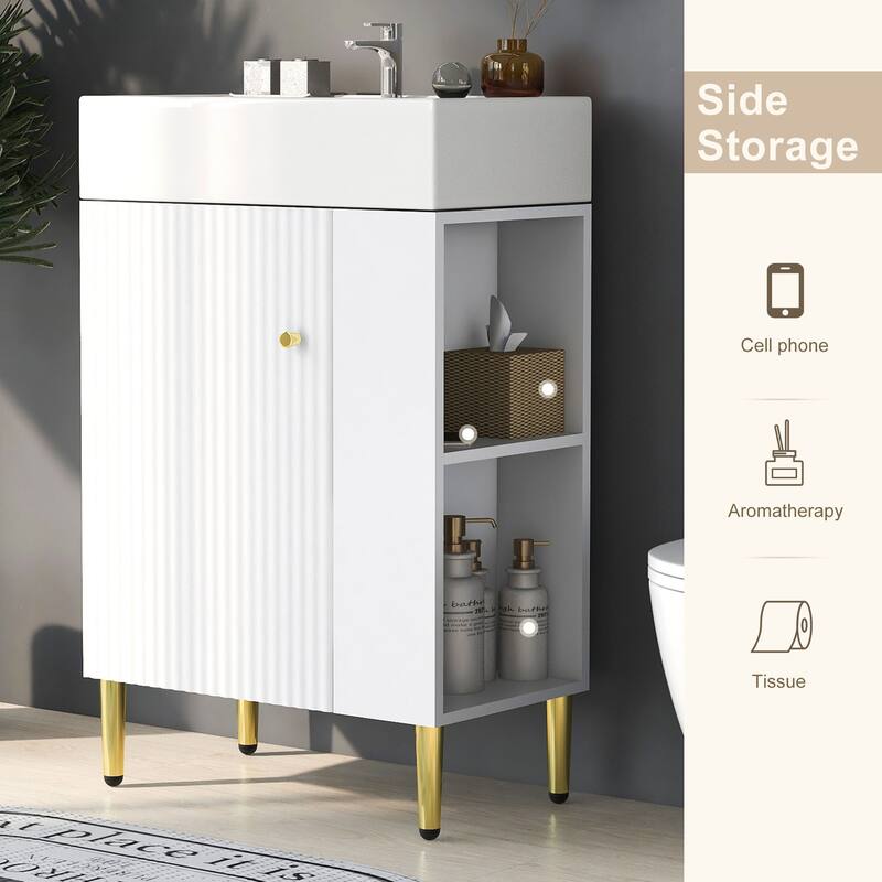 Lordear White MDF Single Sink Freestanding Bathroom Vanity with Ceramic Top Open Side Storage