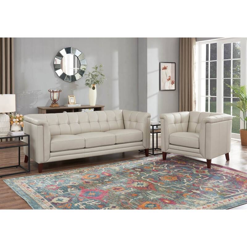 Hydeline Arvo Top Grain Leather Sofa and Chair Set with Feather, Memory Foam and Springs - Vanilla White