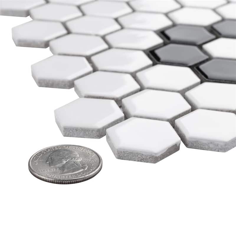 Merola Tile Metro 1" Hex Glossy Wht w/Flower 10-1/4"x11-7/8" Porcelain Mosaic Tile