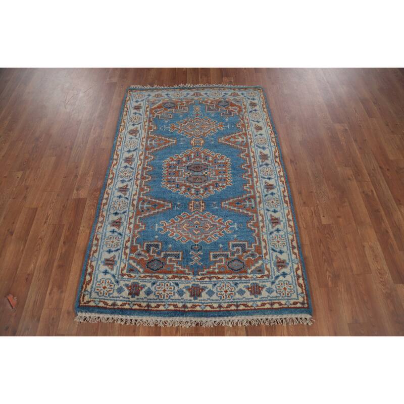 Blue Geometric Viss Indian Rug Handmade Wool Carpet - 3'2" x 4'9"