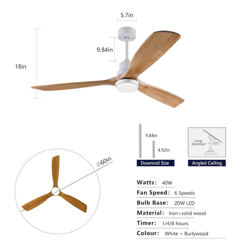 60" Modern Ceiling Fan w/ 3 Color Dimmable Remote Control Reversible DC Motor