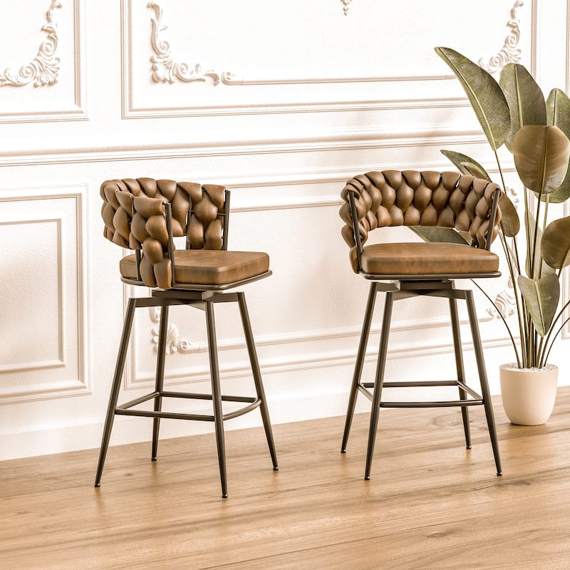Set of 2 Brown 28" Swivel Bar Stools, Technical Leather Woven Upholstery with Back, Footrest & Black Legs