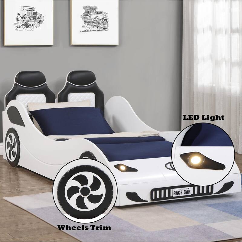 White Twin Car Bed with LED Lights and Upholstered Headboard