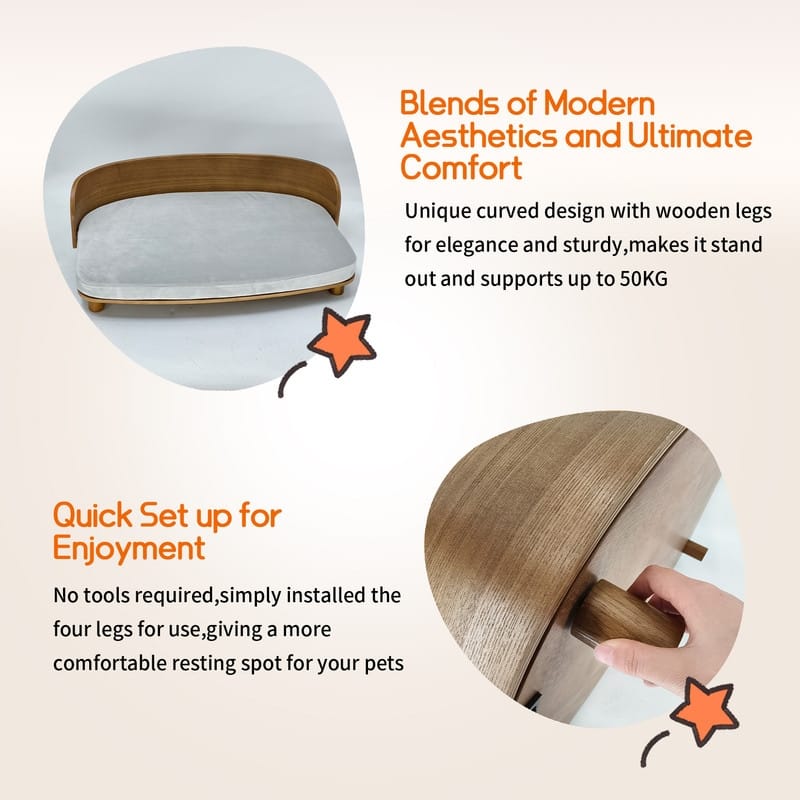 Elevated Dog Bed Curved Wood with Waterproof Soft Cozy Cushion Stool