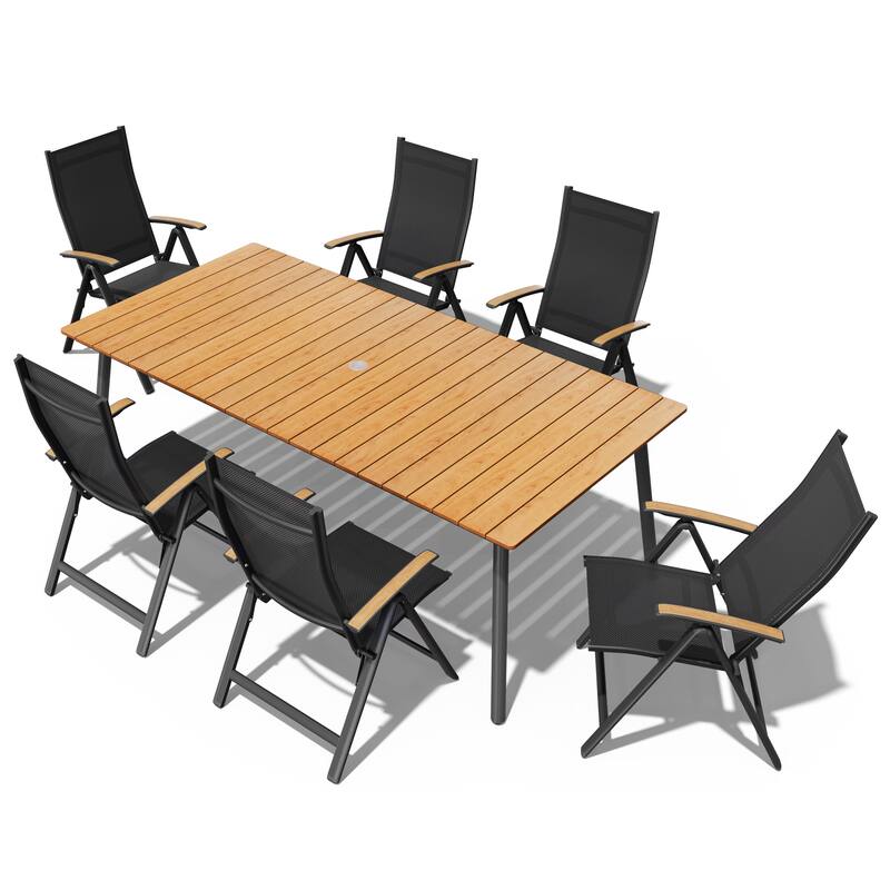 7/9-Piece Outdoor Rectangle Aluminum Dining Table with Umbrella Hole include Folding Chairs