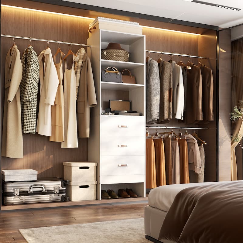20.5-96'' W Closet Organizer System with Extendable Hanging Rods and Drawers and Tower Shelves - White