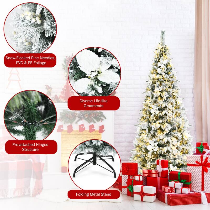 Gymax 5/6/7/8 FT Pre-Lit Artificial Snow-Flocked Christmas Tree Hinged - See details