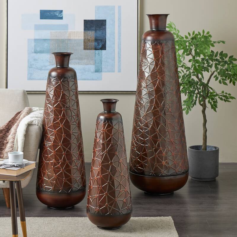 Dark Brown Metal Tall Vase with Geometric Designs (Set of 3)
