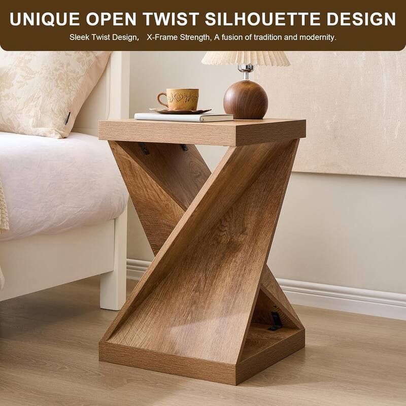 16" Modern Nightstand, Twisted Side Table, Square Rustic End Table