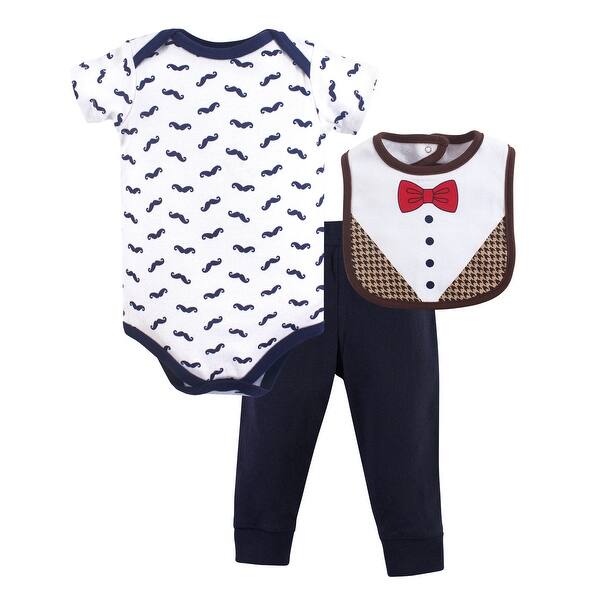 slide 1 of 1, Hudson Baby Infant Boy Cotton Bodysuit, Pant and Bib Set, Bow Tie 0-3 Months - Bow Tie
