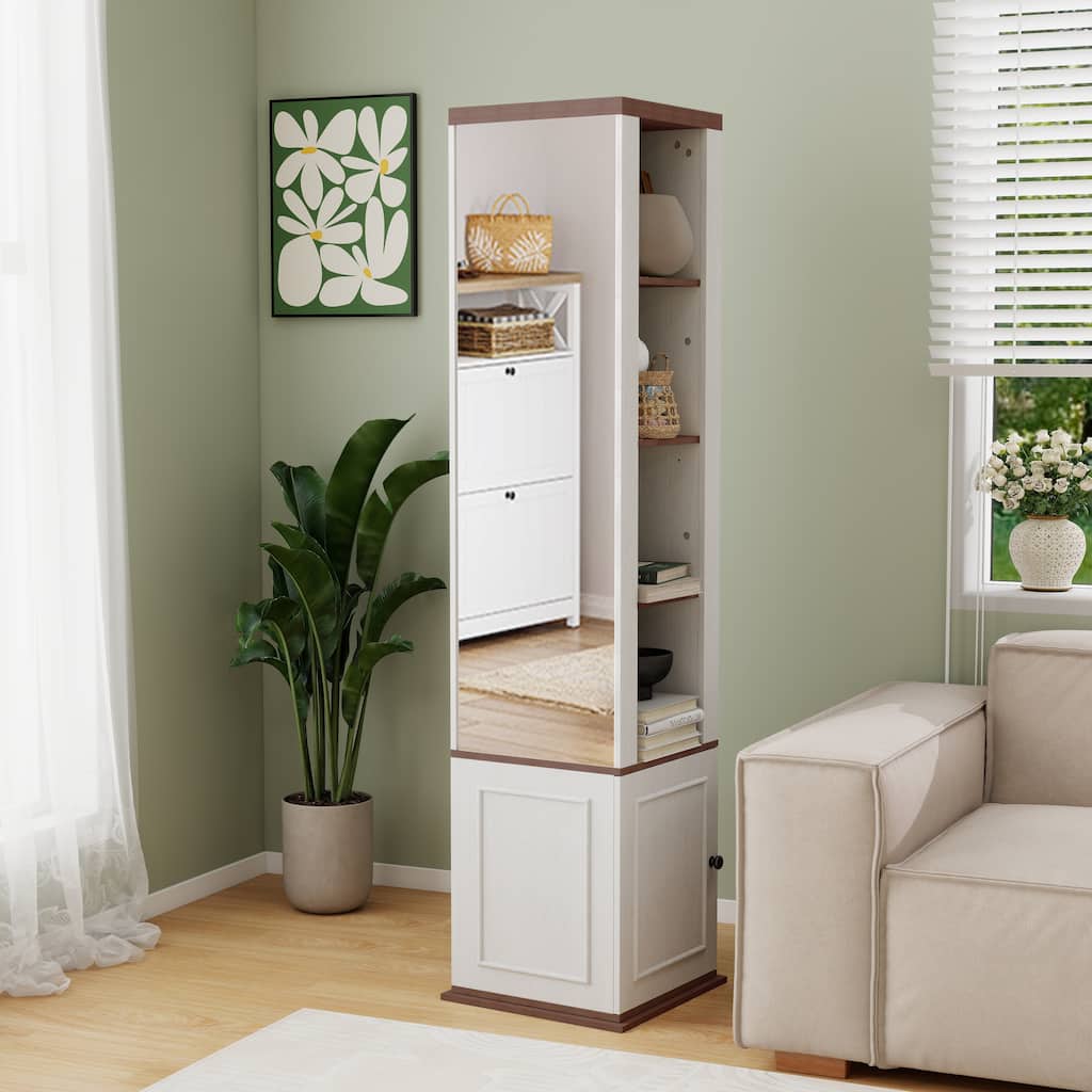 360°Rotating Storage Cabinet With Full-Length Mirror,Total Of 8 Open Shelves On Both Sides,One Side Hooks,1 Door With A Shelve
