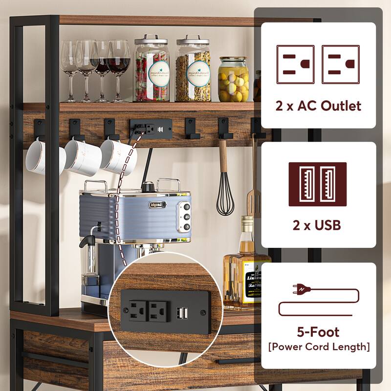 Kitchen Bakers Rack with Power Outlets, High Utility Storage Shelves Microwave Stand with Drawers