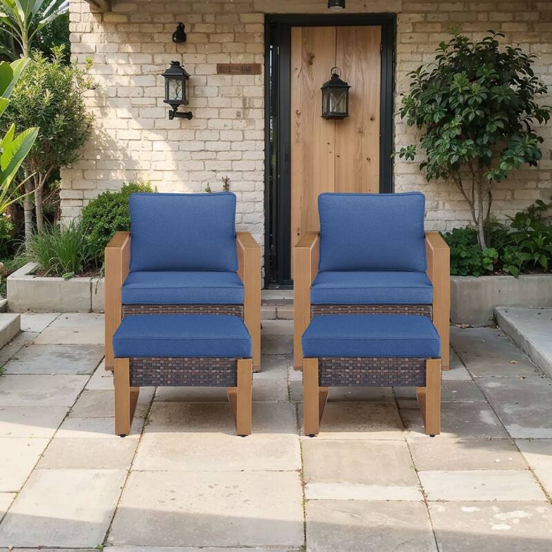 Pocassy Outdoor Patio Chairs Set for Garden Yards - 4 Pieces Patio Chairs w/ Ottoman - Brown Wicker Blue Cushion