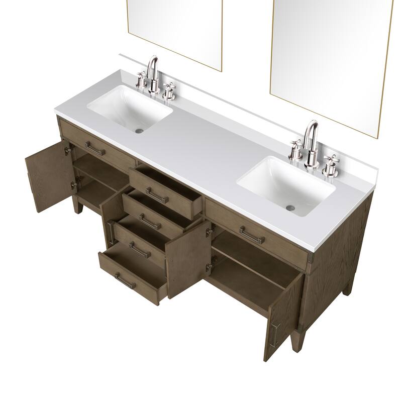 Laurel 60 in W x 22 in D Black Oak Double Bath Vanity, White Quartz Top, Faucet Set, and 28 in Mirrors