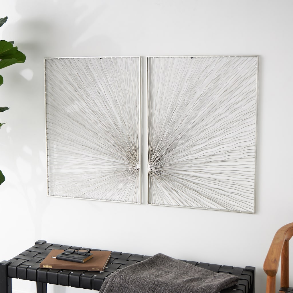 Silver Metal Coiled Ribbon Sunburst Home Wall Decor (Set of 2)