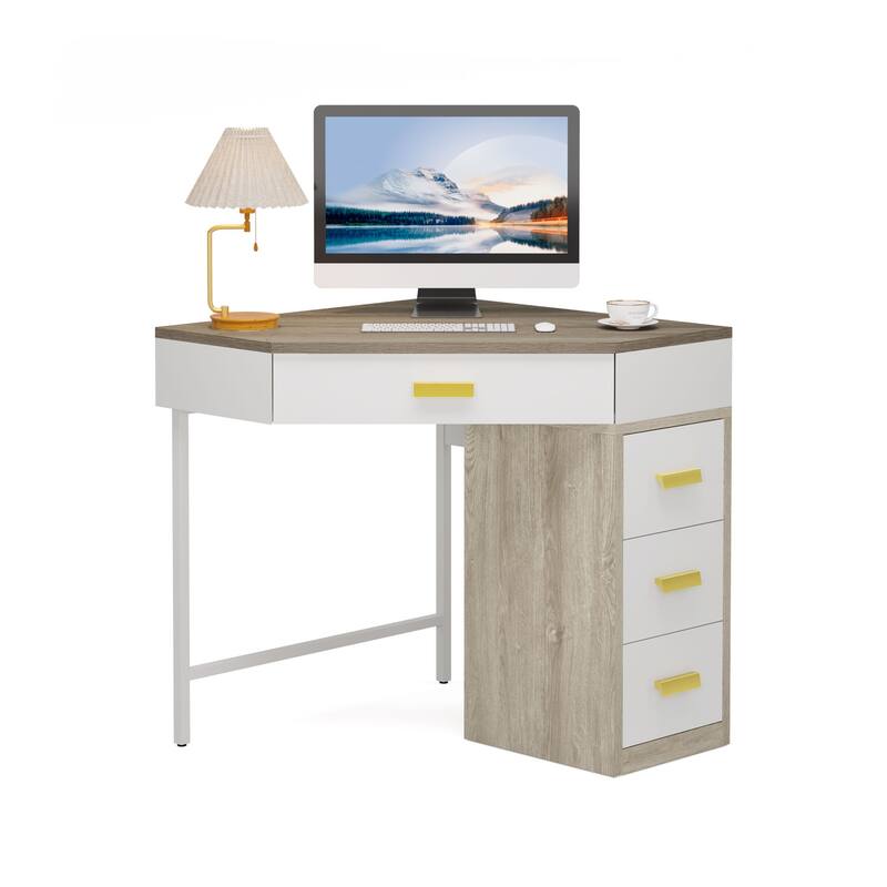 Corner Computer Desk with Drawers, Writing PC Makeup Vanity Storage Desk, Home Office Living Room Bedroom Accent Desk