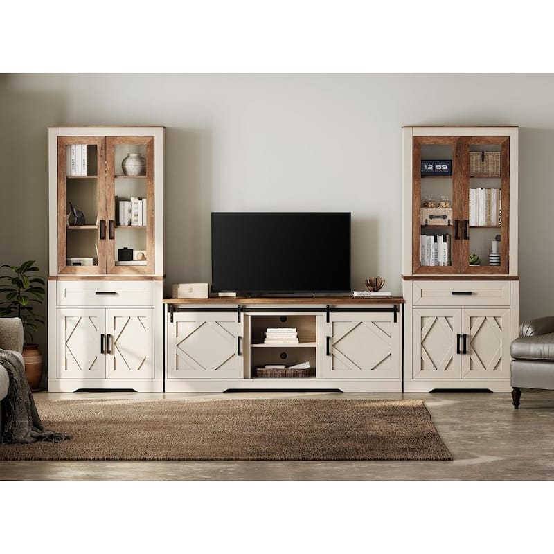 Modern Farmhouse TV Stand with Bookcase for 65" 75" TV with Barn Door for Living Room, Bedroom & Home Office - White Oak