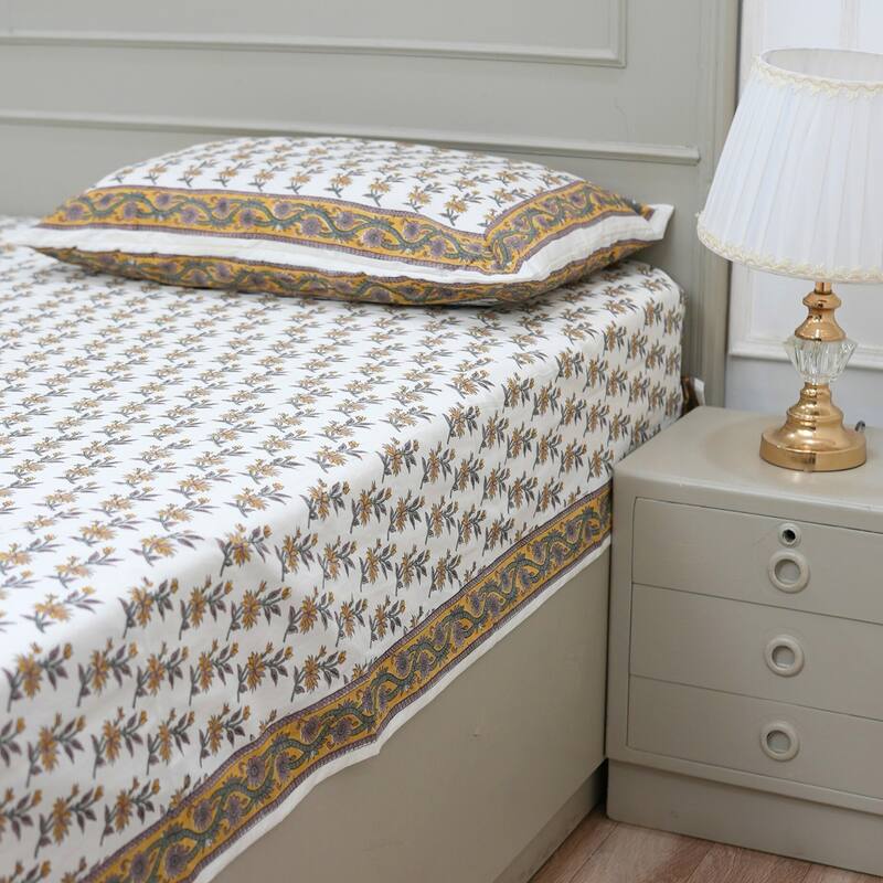 Fabdivine Handmade Block Print Flat Sheet or Bed Sheet Cotton Fabric Floral Home Decor