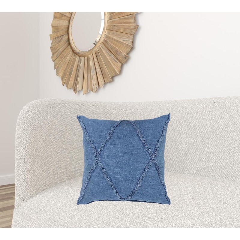 HomeRoots 20" X 20" Classic Blue 100% Cotton Diamond Zippered Pillow