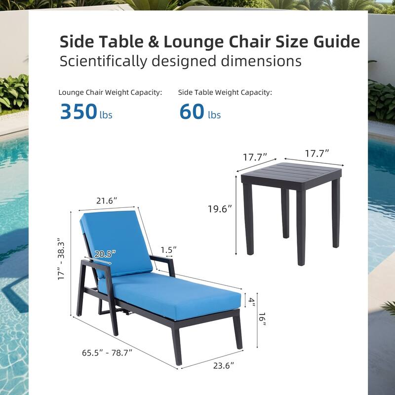 3-Piece Outdoor Aluminum Chaise Lounge with Sunbrella Fabric, Pneumatic Backrest