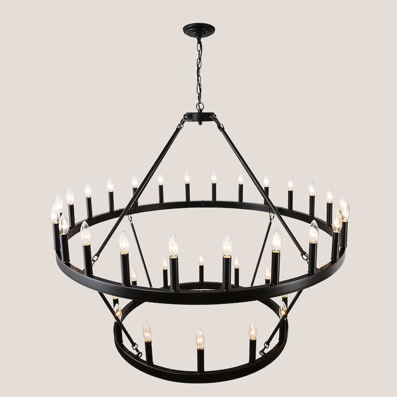 Farmhouse Industrial Style Ceiling Light, 2-Tier 36-Light Wagon Wheel Chandelier, for High-Ceilinged Living Rooms Dining Rooms